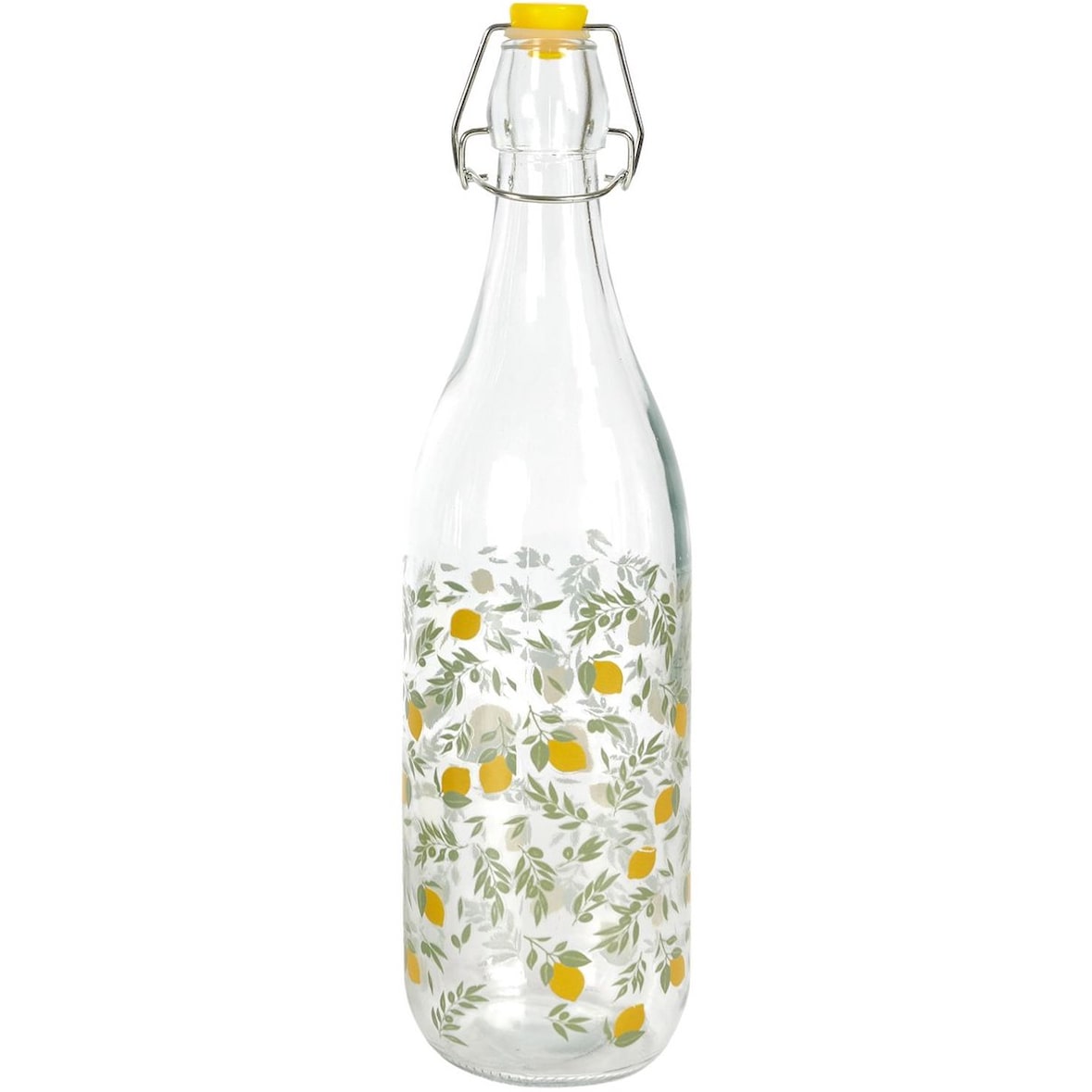Glazen Beugelfles 1 Liter – Waterfles met Zomers Citroenpatroon – Transparant