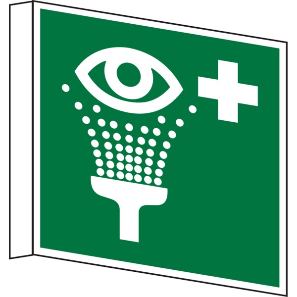 Rettungszeichen, Fahnen-/Nasenschild Augenspüleinrichtung E011 - ASR A1.3 (DIN EN ISO 7010) - 150x150x1 mm Kunststoff nachleuchtend