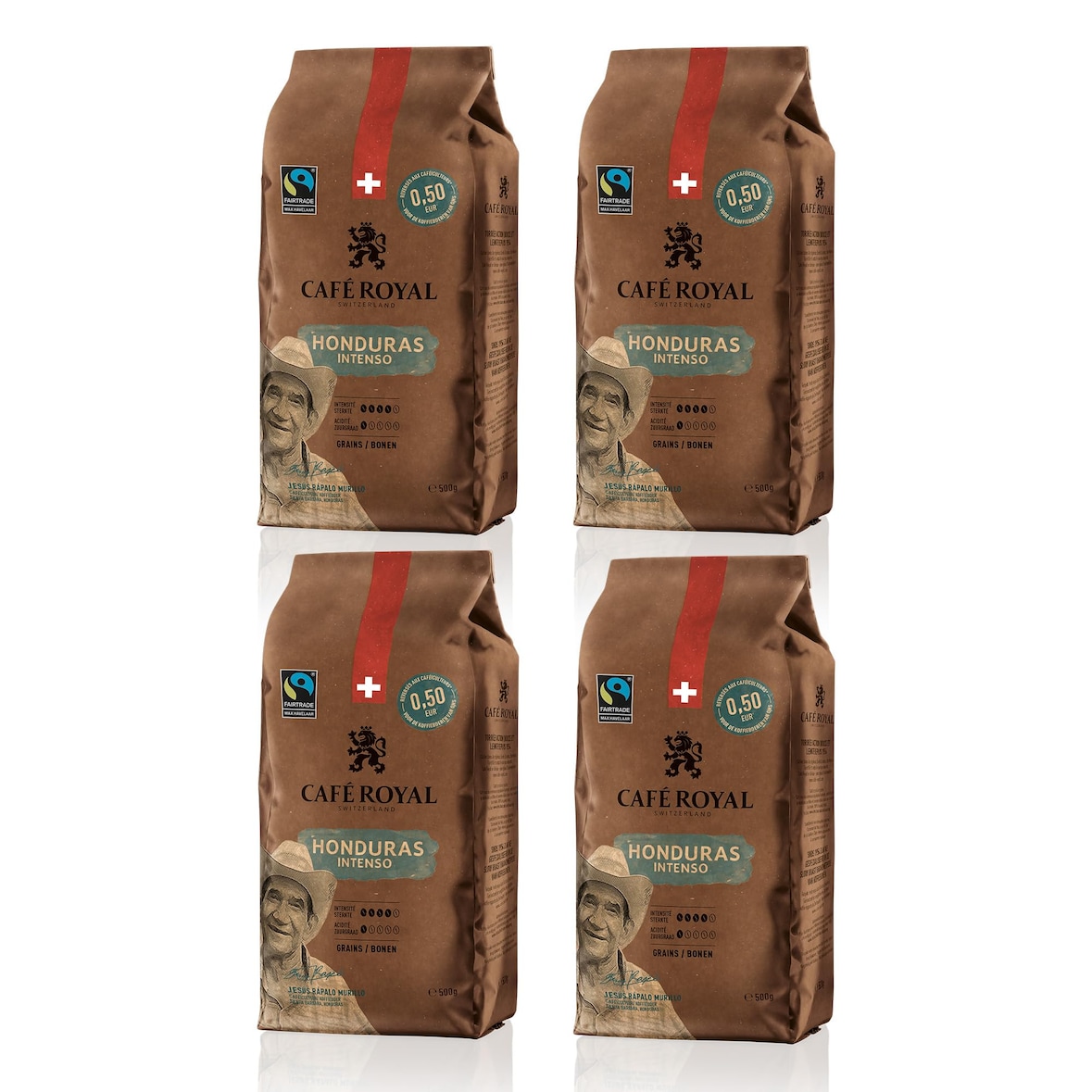 4 x 500 GR - Café Royal Honduras Intenso - Café Torréfié en Grains - Intensité 4/5 - Grains 100% Arabica Durables du Honduras - Certifiés Fairtrade