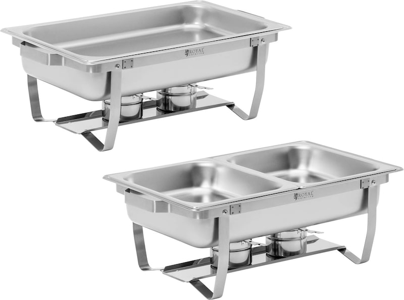 Dosเฟ chafing dishes profesionales con recipientes para combustible.