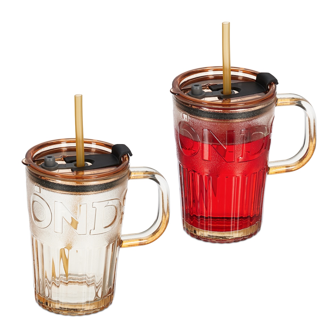 Relaxdays Trinkgläser 2er Set, Getränkebecher mit Deckel & Strohhalm, Limobecher 450 ml, Glasbecher Henkel, hellbraun