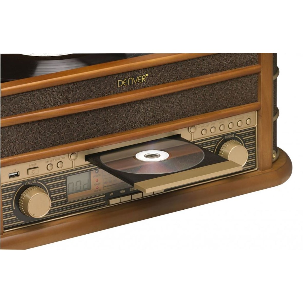 Denver MCR-50MK2 Retro Plattenspieler aus Holz mit Radio CD Kassette USB MP3 Soundbox