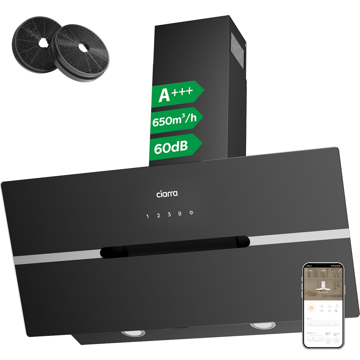 CIARRA Campana extractora de humos A+++ 650 m³/h Campana extractora de 90 cm Incl. BOOST WIFI-APP Control táctil VM9736FB