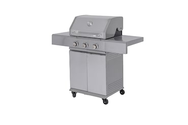 aro Gasbarbecue met 3 branders, 42 x 60 cm, zijtafel, thermometer, verrijdbaar, staal/roestvrij staal, zilver