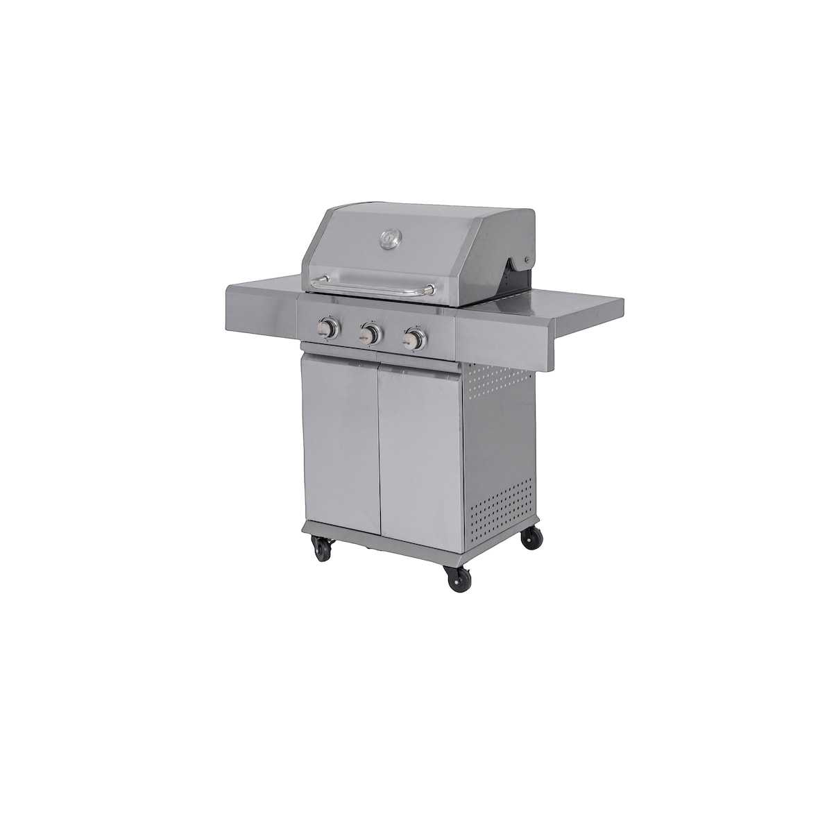 aro Gasbarbecue met 3 branders, 42 x 60 cm, zijtafel, thermometer, verrijdbaar, staal/roestvrij staal, zilver