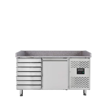 Mesa refrigerada para preparação de pizzas, 1 porta e 7 gavetas, aço inoxidável, mármore cinzento, EN 60x40 cm, 275 W, EASYLINE, 175L, 10024 Vaiotec