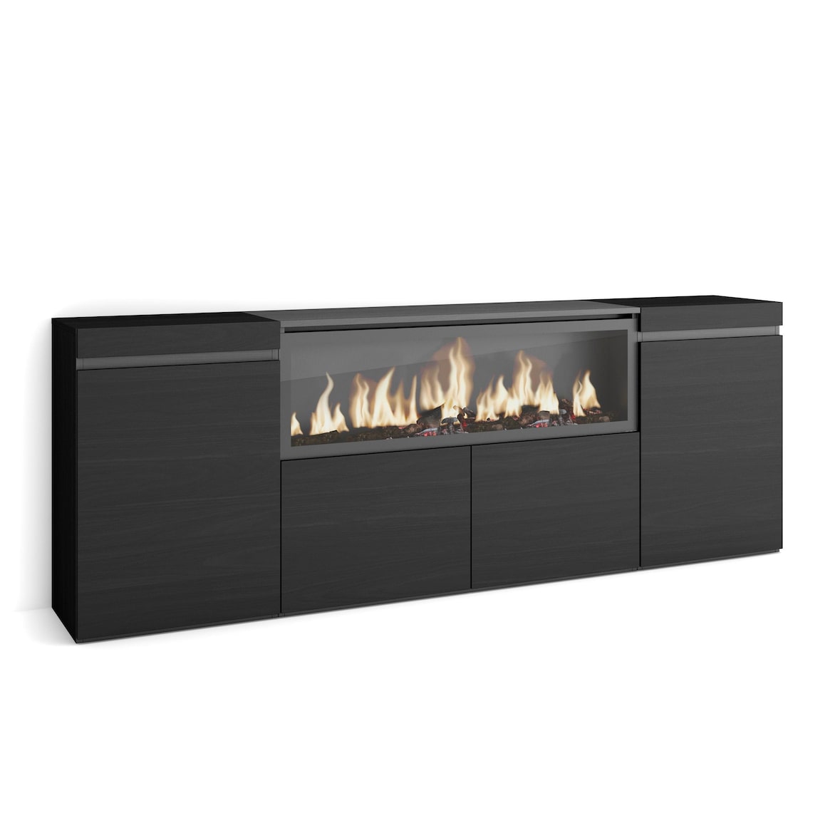 Dressoir, Opbergkast, Buffetkast, Sideboard, 208x35x75cm, 4 Deuren, Elektrische haard XXL, Moderne stijl, Zwart _ 416_11