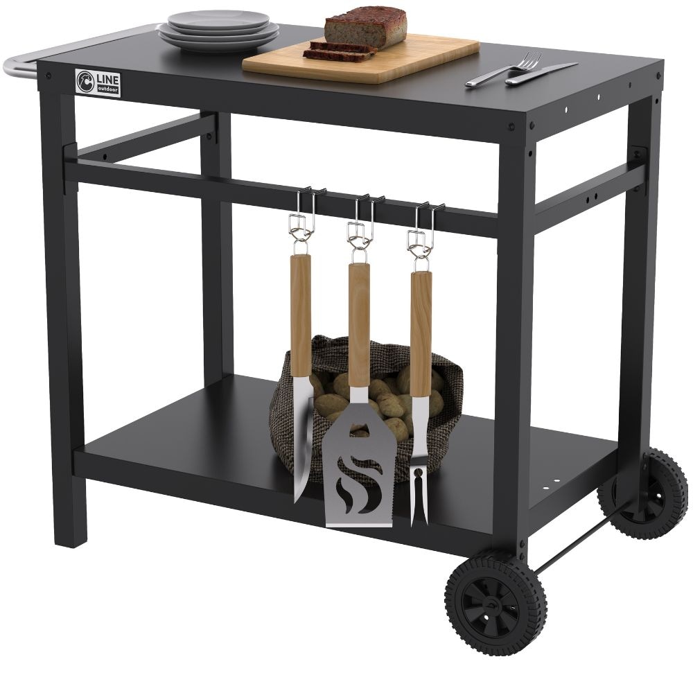 Carrello Portavivande di Servizio con Ruote 2 Ripiani, 3 Ganci Portautensili, per Casa e Giardino Esterno, per BBQ