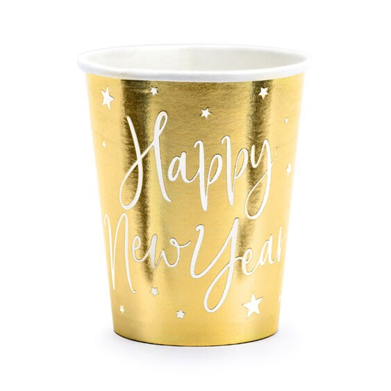 6 Becher Silvester gold `Happy New Year`