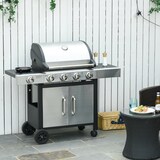 thumbnail of Outsunny Barbacoa de Gas de Acero BBQ con 4+1 Quemadores 15,2 KW Termómetro 2 Mesas Laterales Armario de 2 Puertas y Ruedas con Frenos 128x50x113 cm