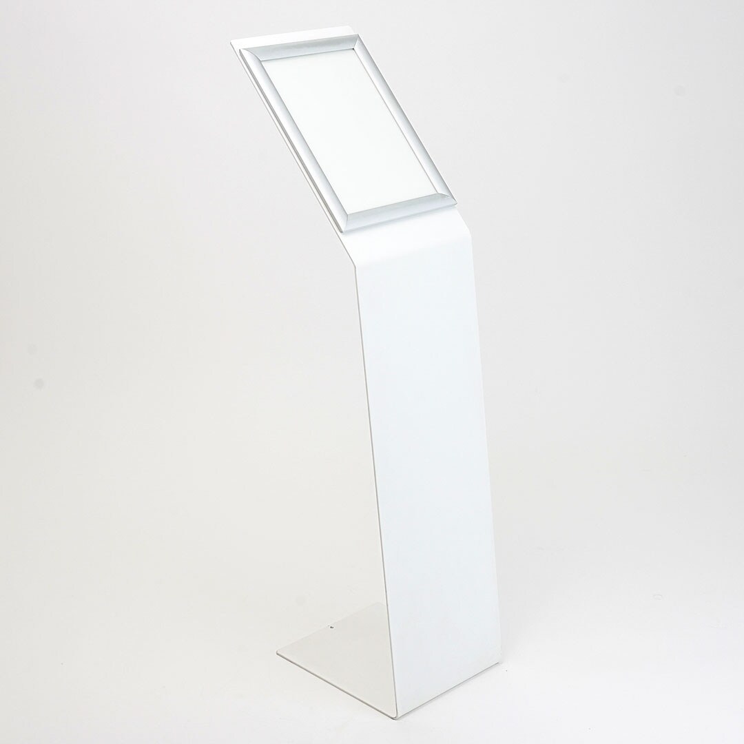 Danieli Store | Expositor publicitario de pie con atril con marco abatible tamaño A4 vertical | Soporte de metal blanco con base en forma de L