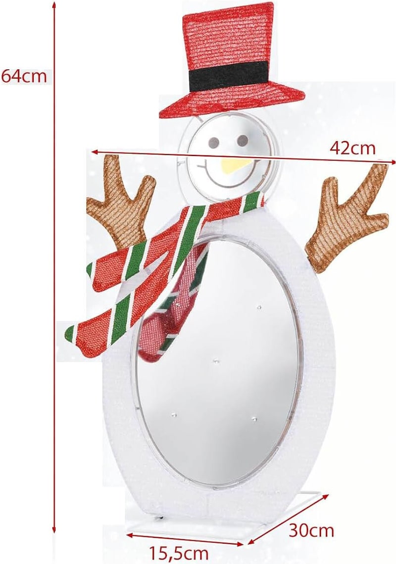 Ein beleuchteter Spiegel in Form eines Schneemanns.
