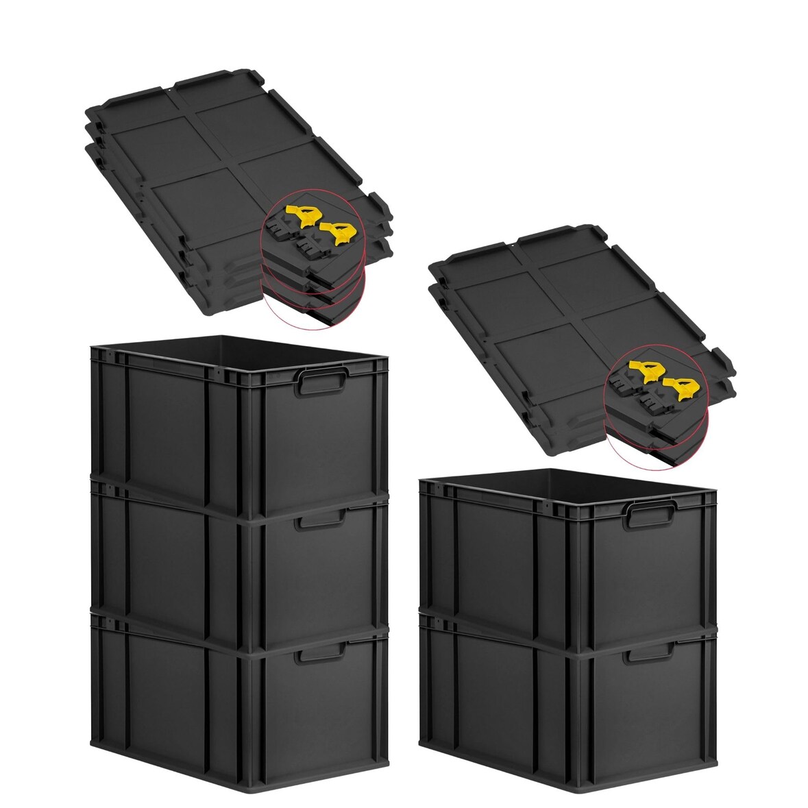 PROREGAL SuperSparSet 5x Eurobox NextGen Grip mit Scharnierdeckel & gelben Verschlüssen, HxBxT 32x40x60cm, 65L, Schwarz, Griffe zu, Eurobehälter