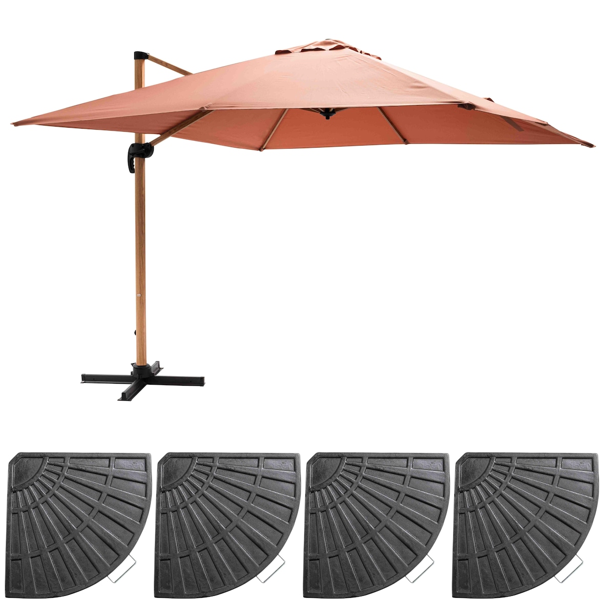 Sombrilla 3x3m y 4 losas de arcilla lastrada efecto madera