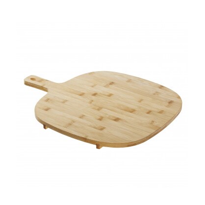 Snijplank van bamboe met afgeschuinde randen, 40x40x1,5 cm, met handvat en pootjes.