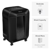 thumbnail of Fellowes Distruggidocumenti a frammento LX85, 12 fogli, per uso personale, cestino da 19L, con tecnologia Safesense®, sicurezza P-4, nero, 4400801