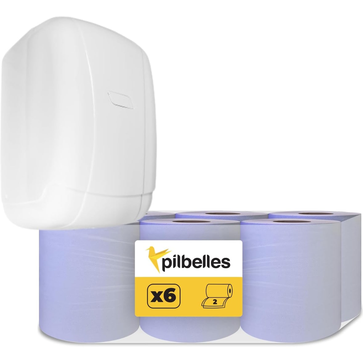 PILBELLES Pack 6 Rollos de Papel Secamanos Mecha Azul + Dispensador de Papel Secamanos