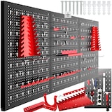thumbnail of tectake panneau perforé jonah, crochets supports, acier solide, 120x2x60 cm, noir rouge, rangement atelier