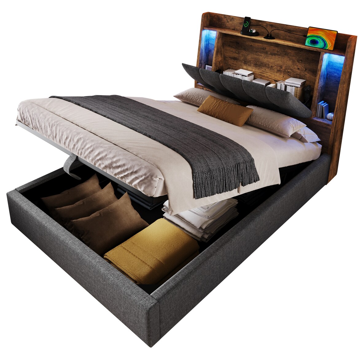 Polsterbett 90x200 cm mit USB Typ-C Ladefunktion und LED-Beleuchtung – stilvolles Design und vielseitiger Stauraum Grau