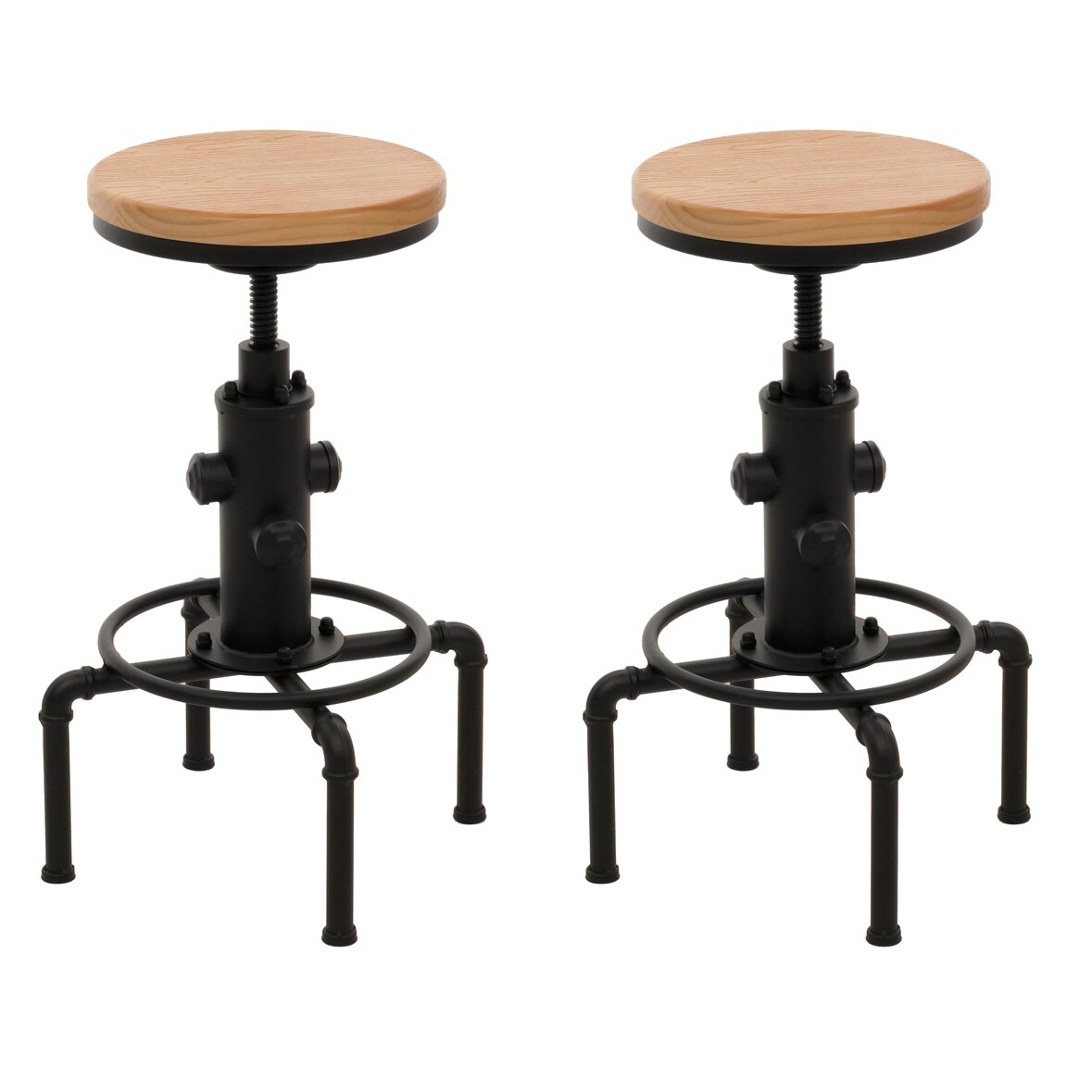 2er-Set Barhocker | Sitzhöhe 61-85cm | Natur | Barstuhl Tresenhocker höhenverstellbar drehbar Fußablage Industrial Eisen Massiv-Holz