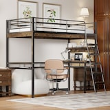 thumbnail of Hochbett 90x200 cm in Schwarz mit Schreibtisch, Regalen, Leiter und Geländer, Metallrahmen, EN747-zertifiziert, ohne Matratze