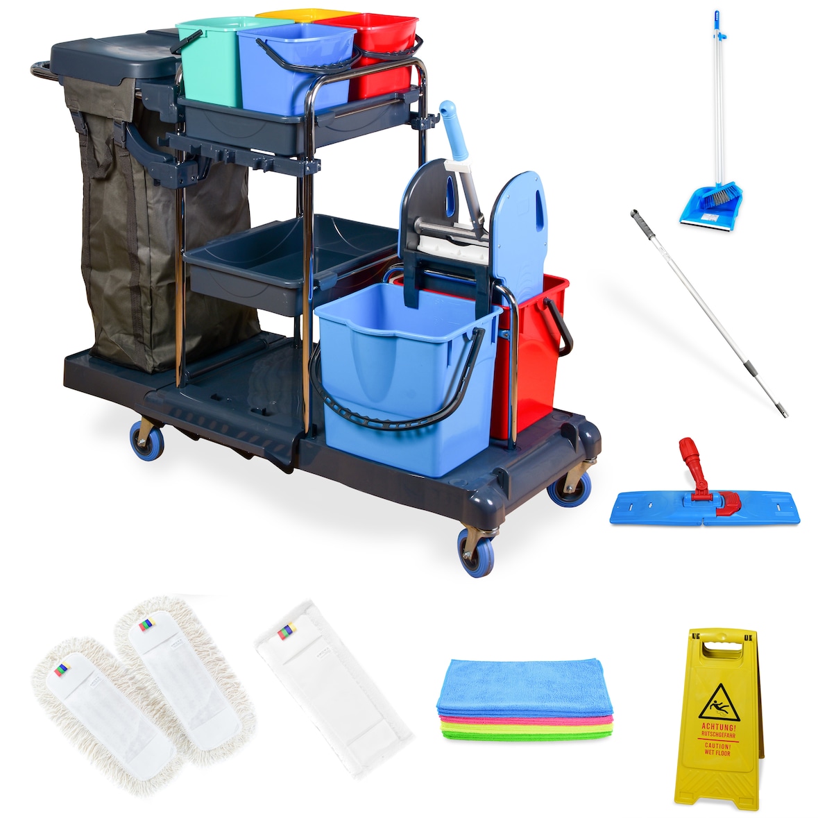 Hypafol Putzwagen mit 100l Leinensack I 2x 18l & 4x 5l Eimern I Stabile Mopp-Presse & Halterung für Besen I 3x 50 cm Wischmopp | 12 Mikrofasertücher