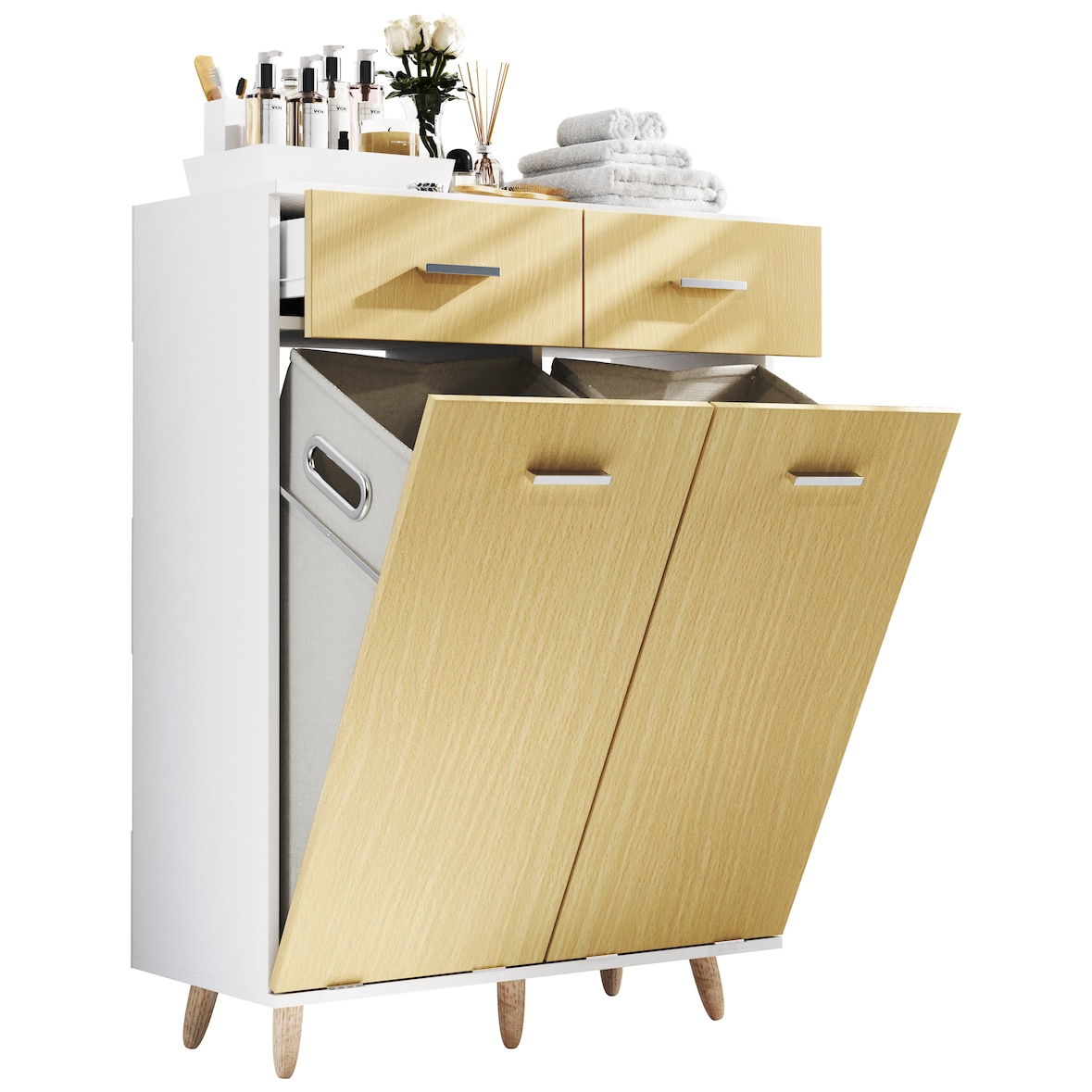 VCM Badmöbel Hochschrank Landos Weiß / Honig-Eiche H. 97 x B 79 x T. 35 cm