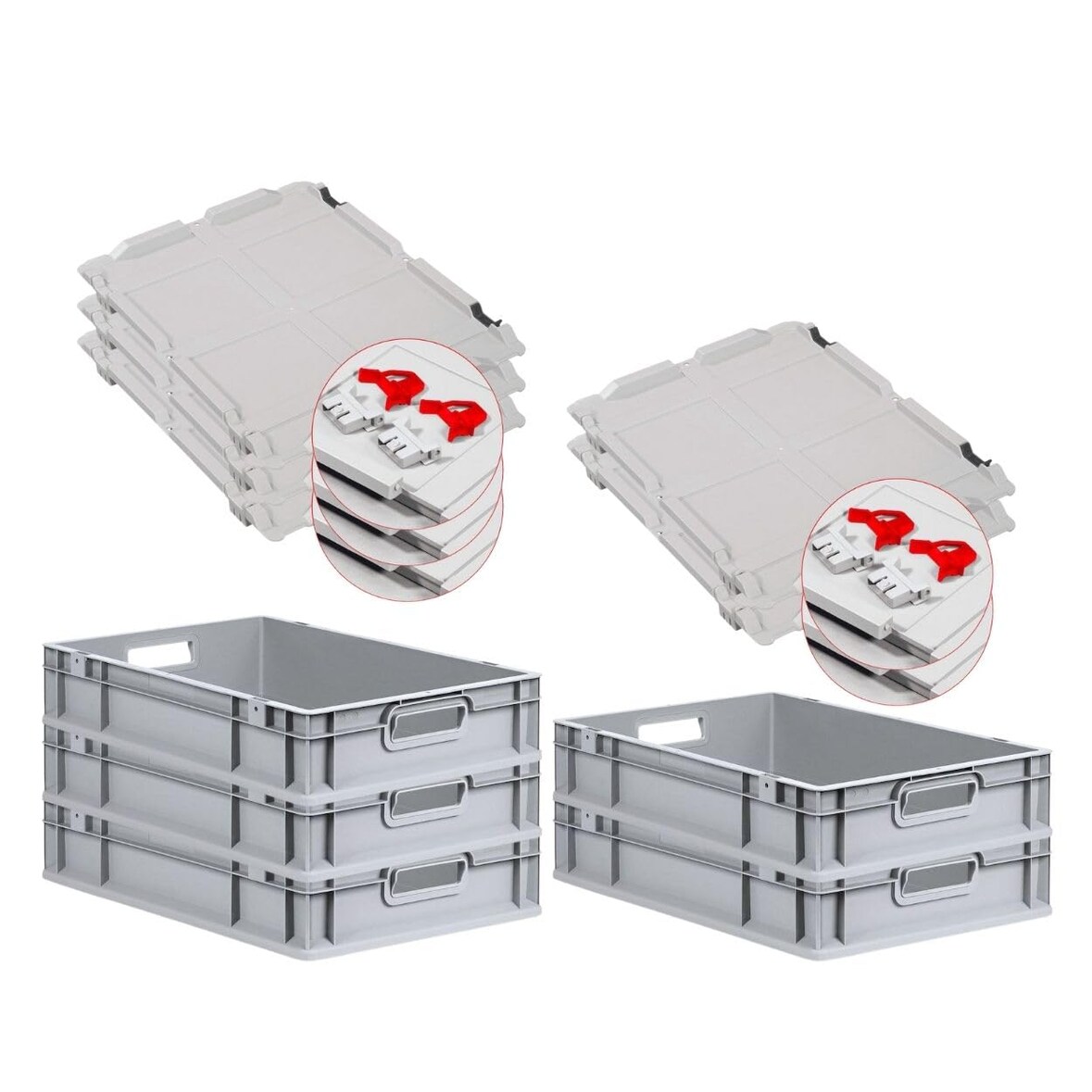 PROREGAL SuperSparSet 5x Eurobox NextGen Economy mit Scharnierdeckel & roten Verschlüssen, Griffe offen, HxBxT 12x40x60cm, 23L, Eurobehälter, Box