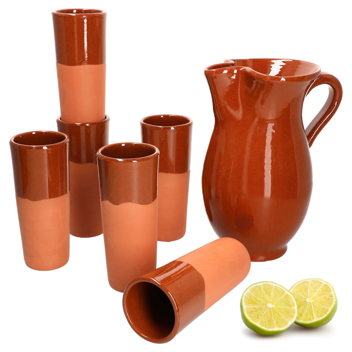 7er Set Tonkrug 1,9L + 6 Tonbecher 330ml teilglasiert - 12968 + 99544