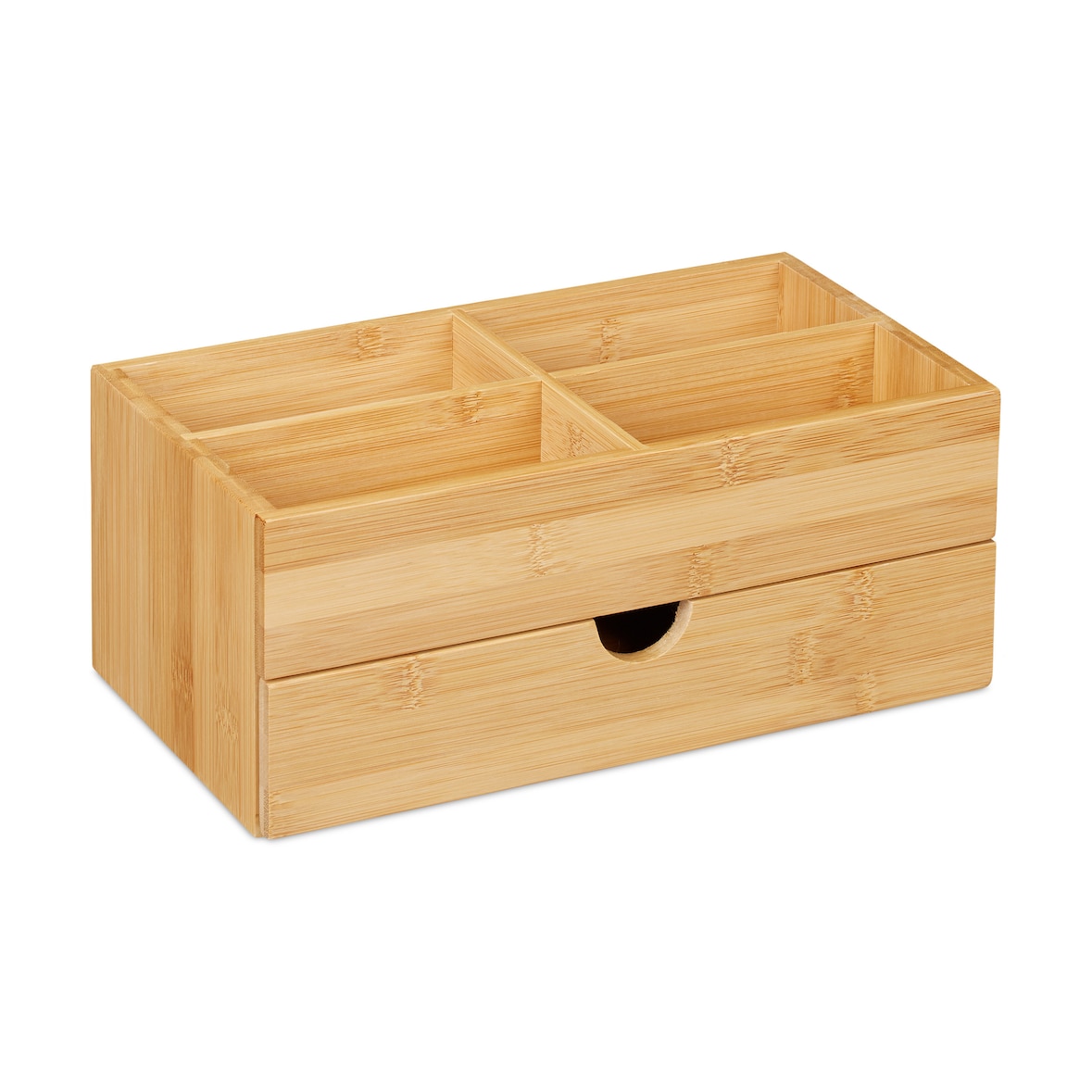 Relaxdays Bambus Kosmetik Organizer, multifunktional, 4 Fächer & Schublade, Schmuckkästchen, Ordnungsbox Büro, natur