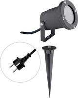 Ein schwarzer Strahler mit Erdspieß und Stecker.