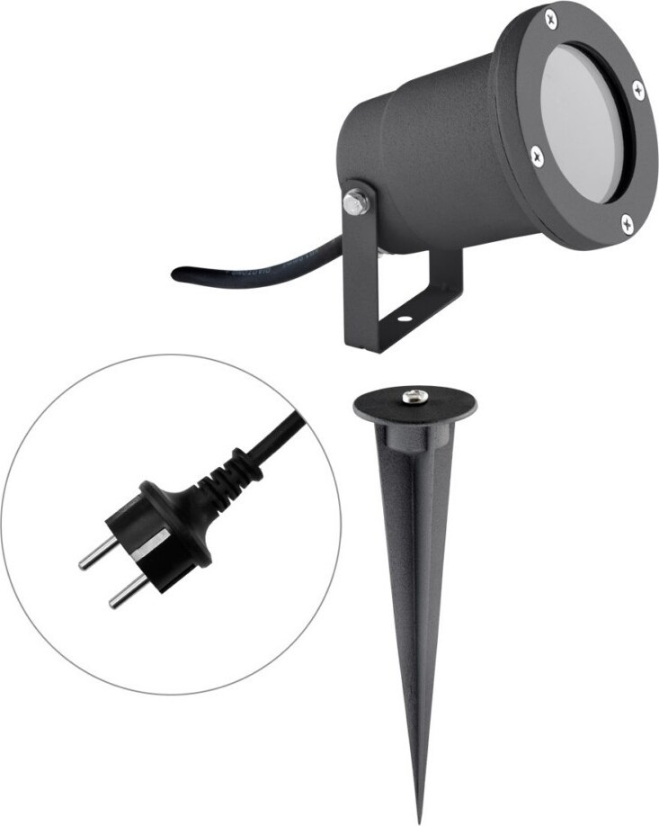 Ein schwarzer Strahler mit Erdspieß und Stecker.