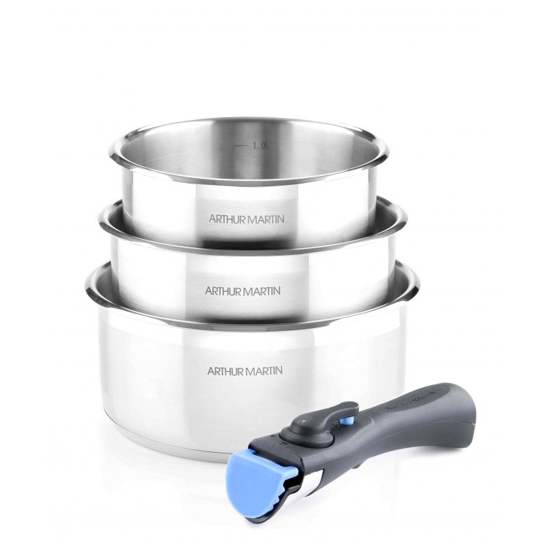 Lot de 3 casseroles inox manche amovible  5531 usage non-intensif Arthur Martin