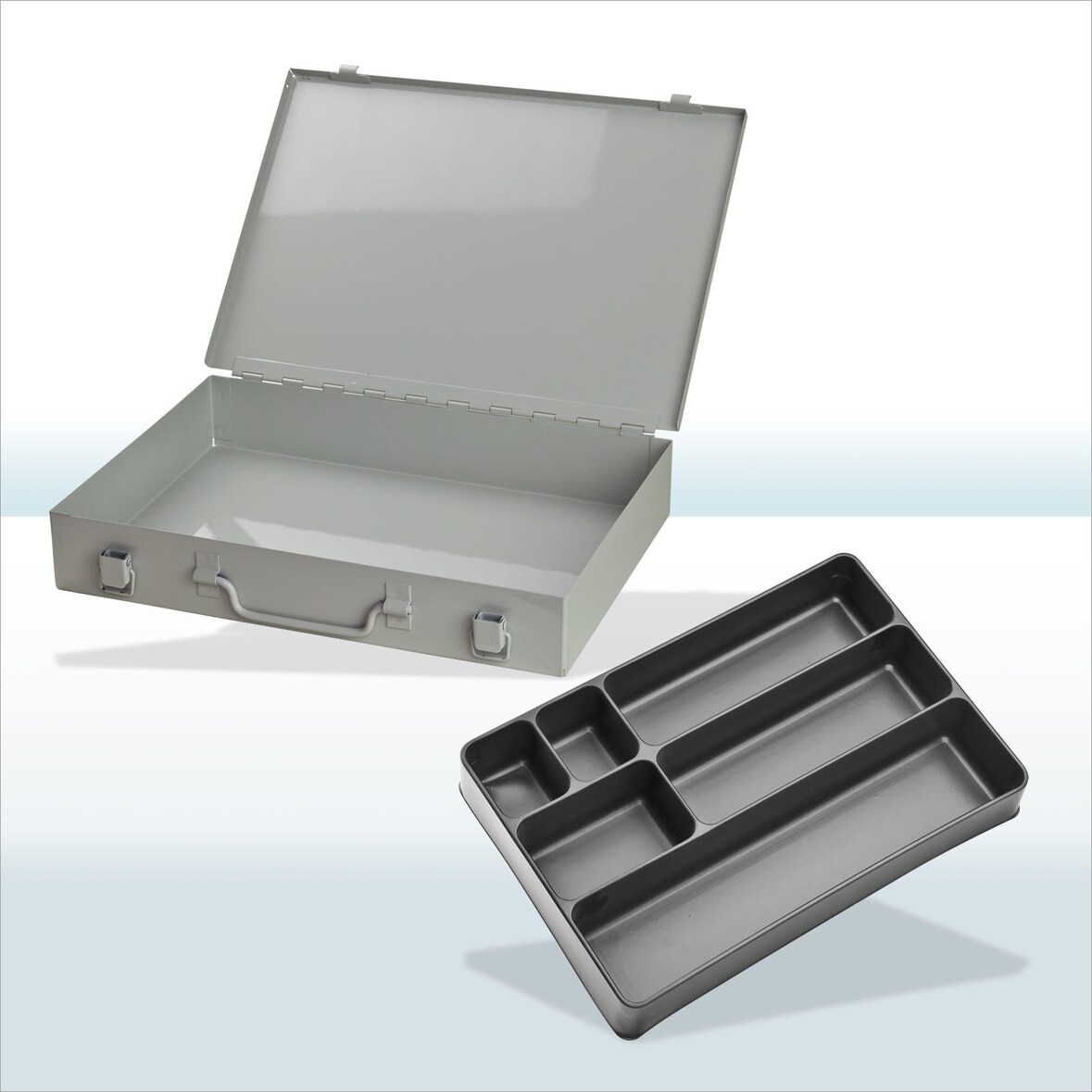 PROREGAL Stahlblechkästen mit Spannverschluss 6 Fächer | HxBxT 5x33x23cm | Lichtgrau
