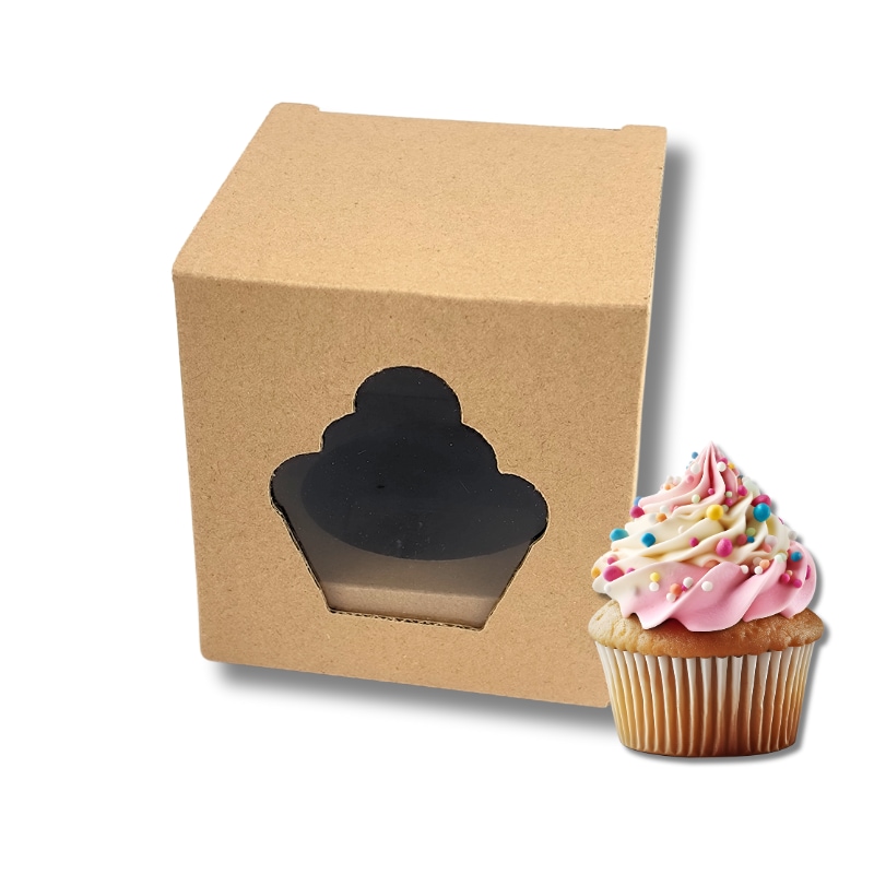 Caixa Cartão Micro Kraft p/ 1 Cupcake 8,5×8,5×8,5cm c/ janela formato cupcake