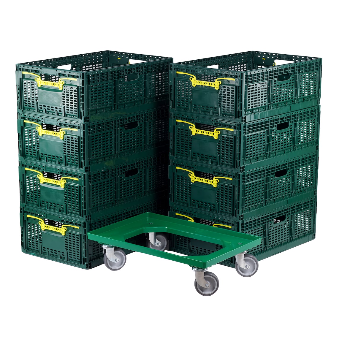 8 x Stabile Klappbox aus Kunststoff + 1 x Transportroller mit vier Lenkrollen in grün