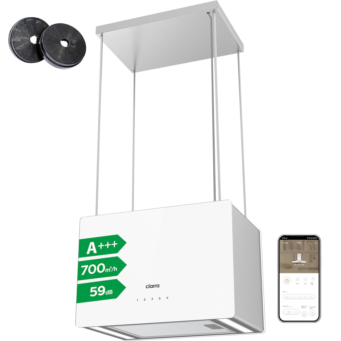 CIARRA Cappe a isola sospesa A+++ 700 m³/h Aspiratore WiFi App Touch Controllo VM4850S