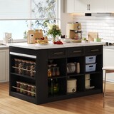 thumbnail of Kücheninsel 150x90x90 cm mit ausziehbarem Esstisch, viel Stauraum und 3,5 cm Marmor-Arbeitsplatte, Schwarz/Weiß, MDF, modernes europäisches Design