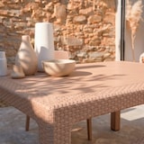 thumbnail of Set pranzo da giardino Tavolo rettangolare 130x75 con 4 Sedie Impilabili in Polipropilene Effetto Rattan e Piano Effetto Legno Omar/Amira-Beige