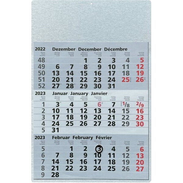 3-Monatswandkalender Metall, 12 Monatsblätter, Verbundplatte 2mm, 320 x 480 mm