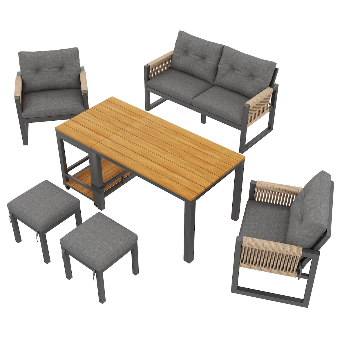 Outdoor-Tisch- und Stuhlset aus Eisen Grau/Natur, 6-teilig mit abnehmbarem Tisch, Seilgeflecht-Armlehnen und Kissen, Tisch 150x79,5x75 cm