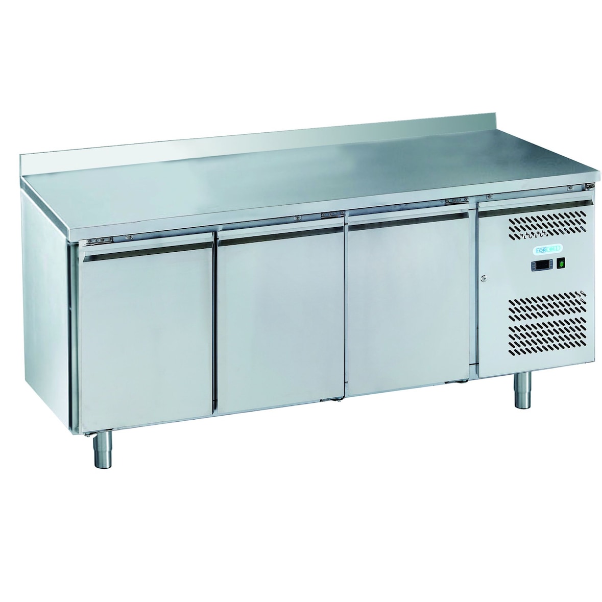 Tavolo congelatore 3 porte con alzatina. Sbrinamento automatico. Temperatura -18°/-22°C. Misure cm 179,5x70x85/95(h). ForCold M-GN3200BT-FC