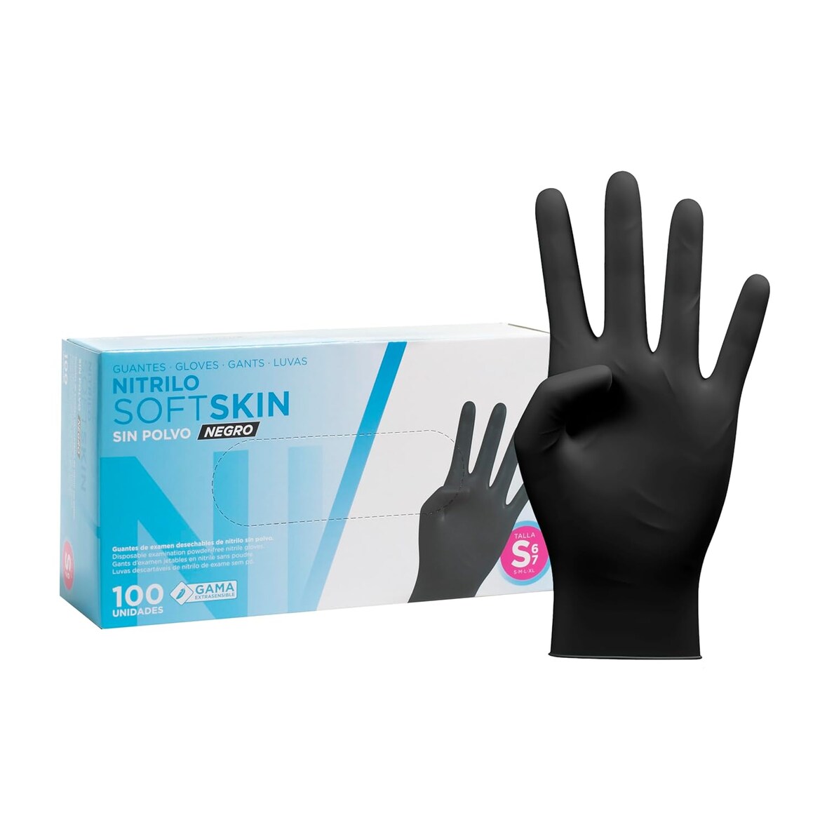 Pack 100 Guantes nitrilo desechables - Color Negro- Colección Softskim - Guantes de Látex sin Polvo - Talla S, 100und