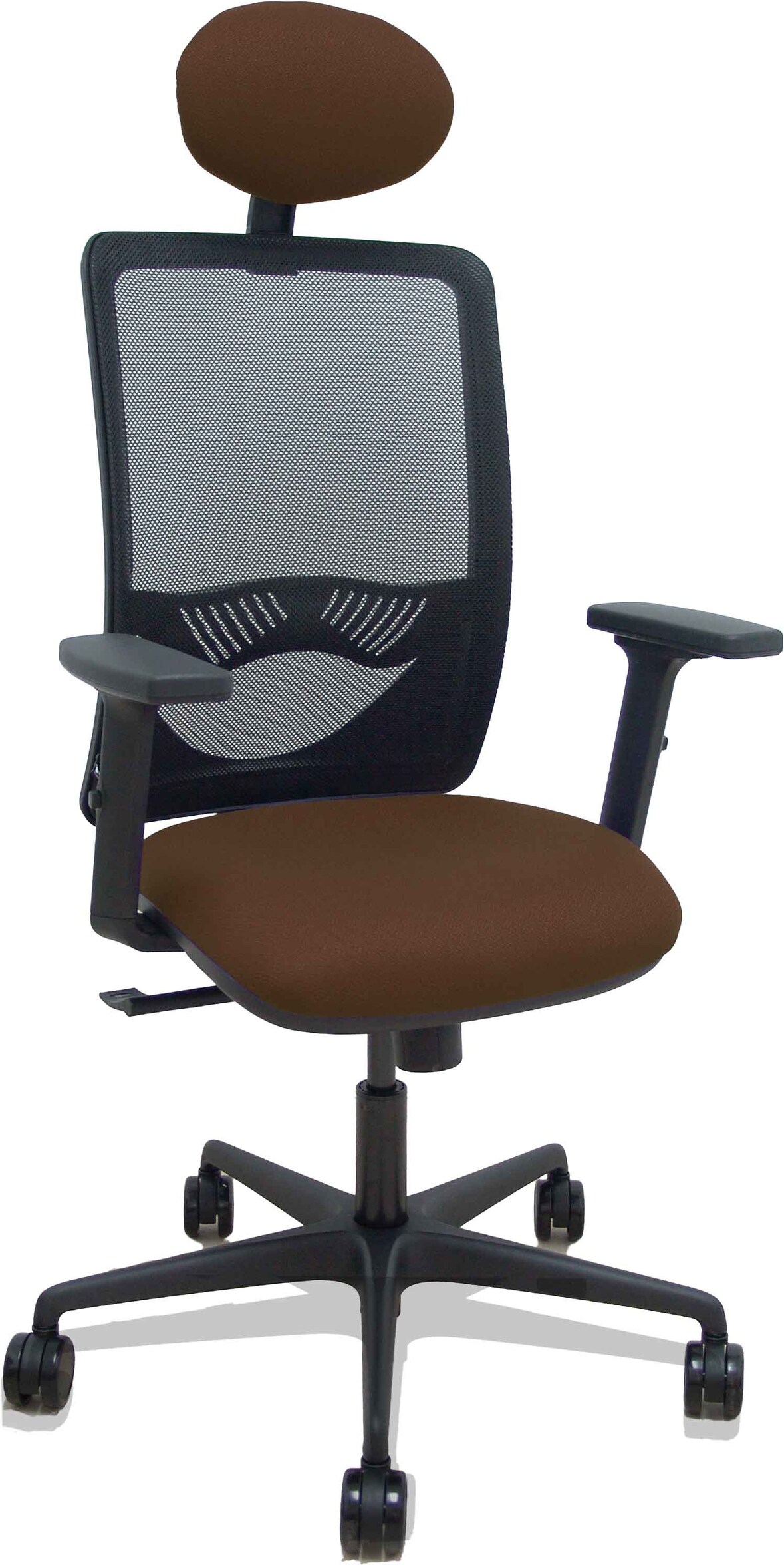 Silla Zulema sincro malla negra asiento bali marrón oscuro brazos 2D ruedas 65mm cabecero