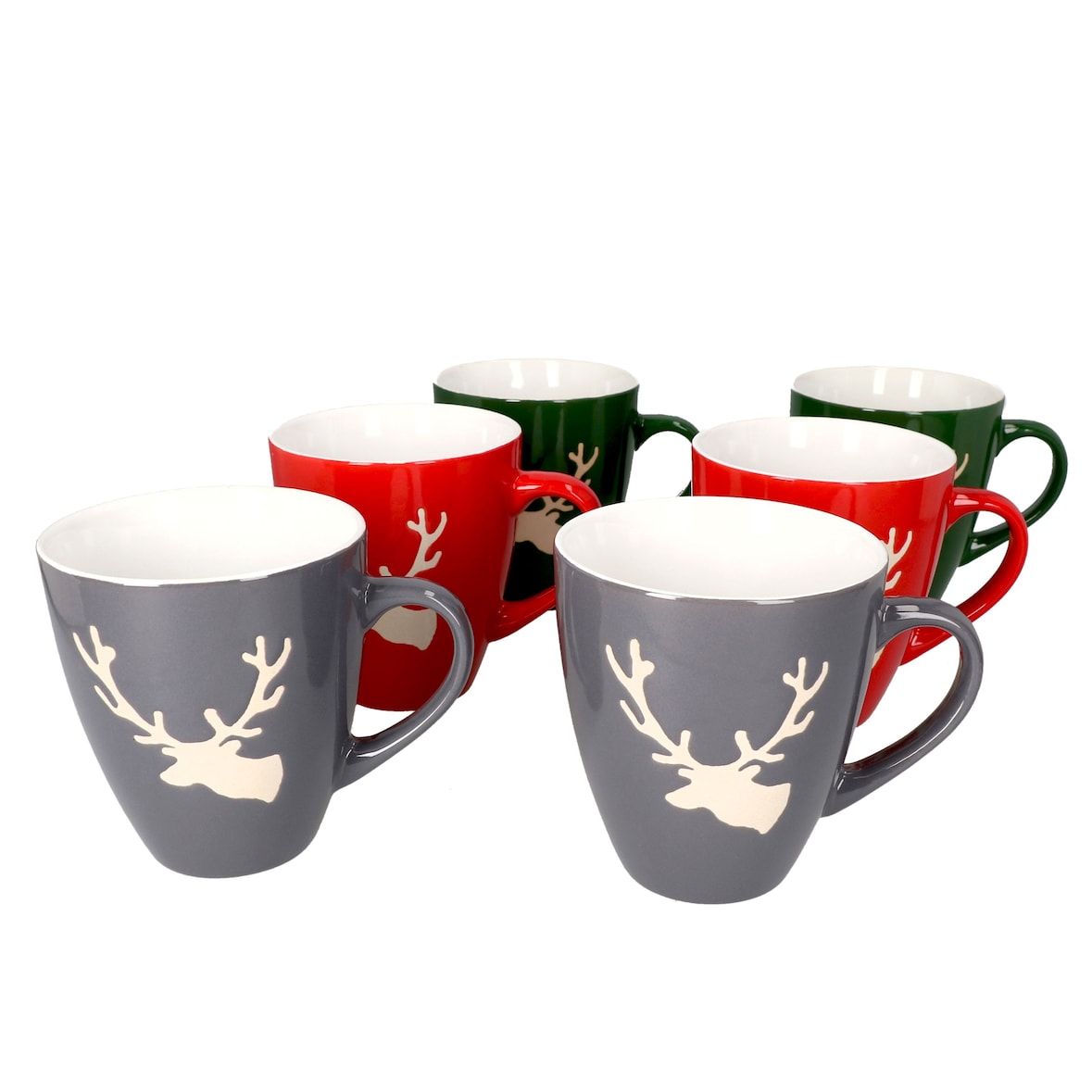 6er Set Kaffeebecher Hirsch konisch 400 ml 2x Rot, Grün, Grau Glühwein Tasse