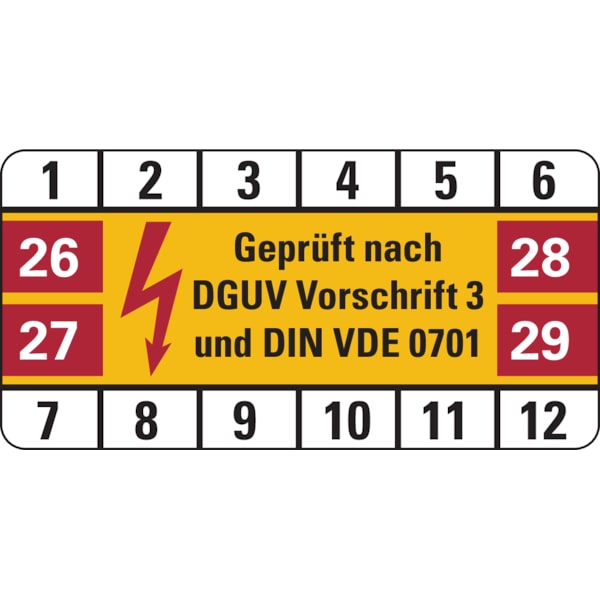 Prüfplakette ab 26, DGUV Vorschrift 3 & DIN VDE 0701 - Bogen = 10 Plaketten - 50 x 25 mm Folie selbstklebend