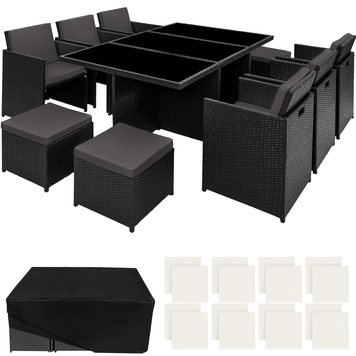 tectake Aluminium Rattan Sitzgruppe New York inkl. Schutzhülle 6+4+1 Aluminium Material Farbe Schwarz