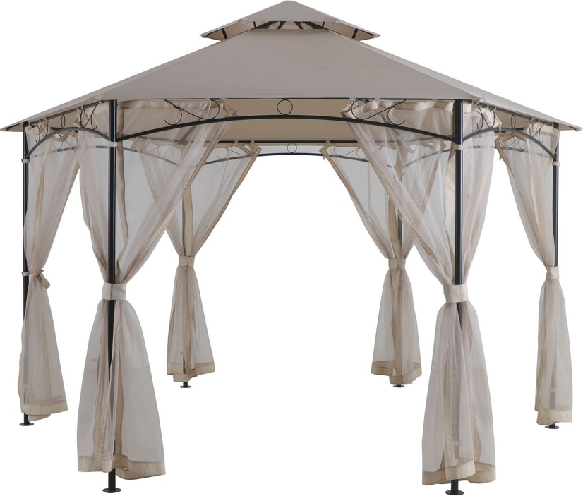 Tarrington House Pérgola hexagonal INGRIDA, acero / poliéster revestido de PU, 3.9 x 3.1 x 2.84 m, con ventilación de aire, protección UV50+, beige