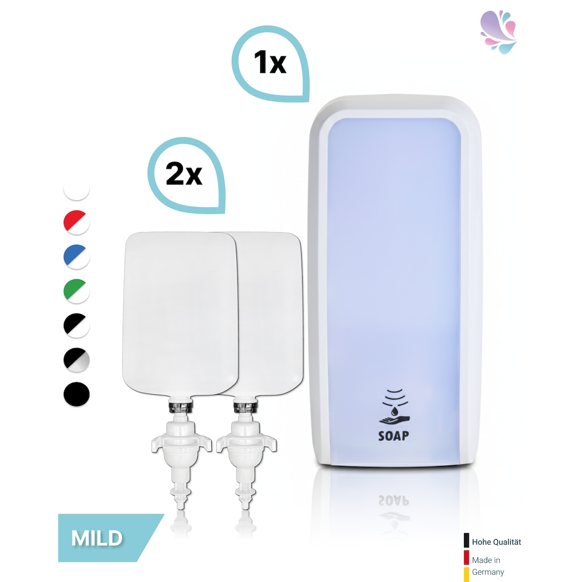 SET: Schaumseifenspender SENSOR, berührungslos Blanc Cosmos versch. Farben+2x 1-Liter Schaumseife mild - PRODUKTSET : Farbe - Weiß