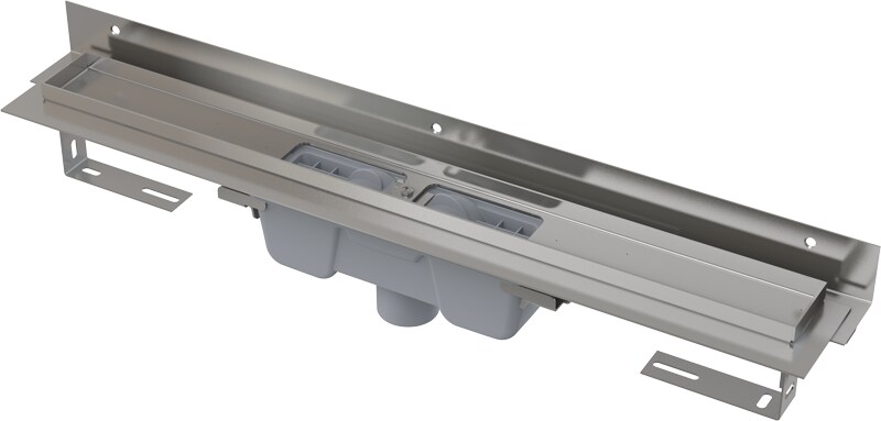 Alcadrain APZ1004 FlexibleDuschrinne mit Rand für den perforierten Rost und mit einstellbarem Kragen zur Wand, Abfluss senkrecht 750 mm